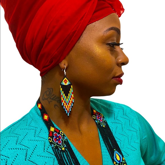 Bead embroidery necklace earrings tribal jewelry - Picture 2 of 10